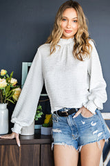 White Frill Smocked Casual Textured Bishop Sleeve Blouse