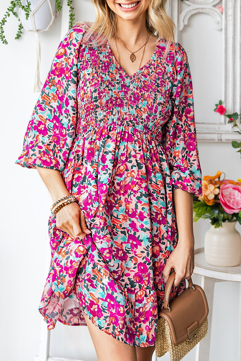 Purple Floral Print Long Sleeve Flounce Hem V Neck Smocked Dress