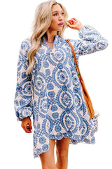 Blue Boho Floral Embroidered Notch V Neck Mini Dress