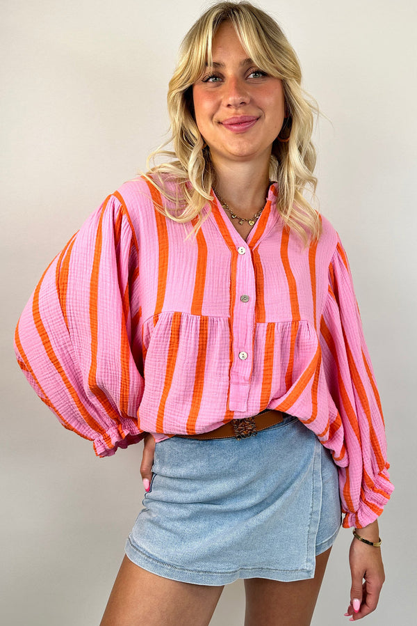 Orange Stripe Crinkle Ruffle Sleeve Loose Top