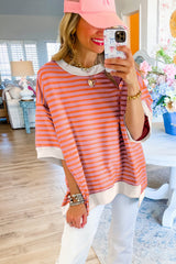 Multicolour Stripe Contrast Trim Drop Sleeve Loose Top