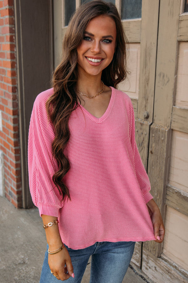 Strawberry Pink Ribbed Striped V Neck Bracelet Sleeve Top