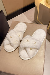 White Pearl Decor Criss Cross Plush Slippers