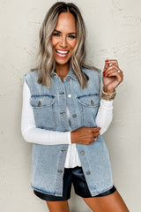 Beau Blue Flap Pocket Curved Hem Sleeveless Denim Jacket