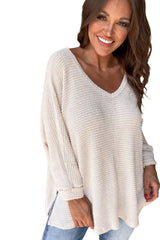 White Waffle Knit Side Slits Loose Fit V Neck Top