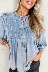 Myosotis Denim Bow Tie Pleated Puff Sleeve Top