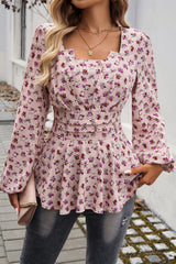 Pink Floral Bubble Sleeve Long Sleeve Top