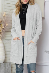 Black Ribbed Knit Pocketed Open Front Long Cardigan