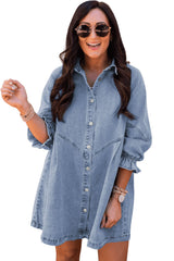 Light Blue Casual Buttoned Ruffle Denim Short Dress