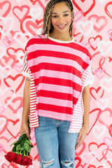 Pink Stripe Patchwork Side Split Loose T Shirt