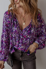 Purple Boho Ditsy Floral Split V Neck Bubble Sleeve Blouse