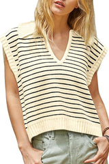 Beige Stripe Turn-down Collar Sleeveless Knitted Top