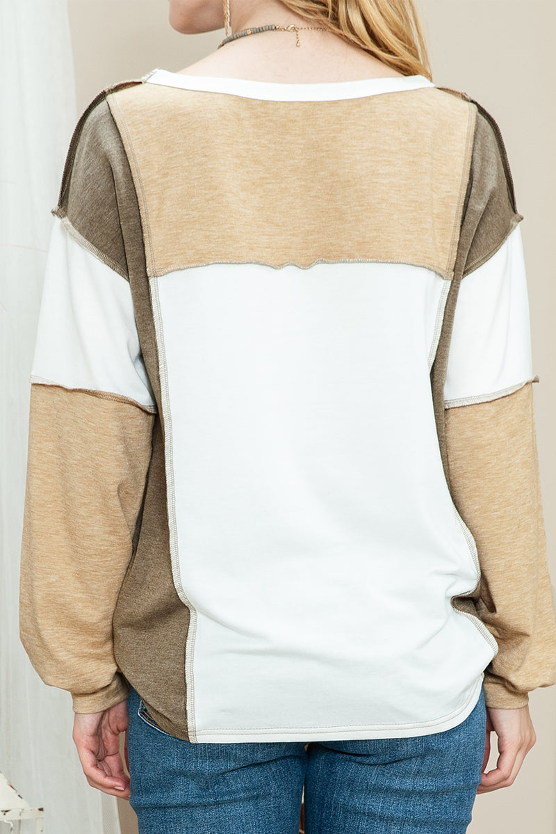 Khaki Color Block Exposed Seam Long Sleeve Top