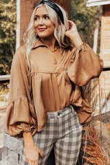 Brown Solid Color Lantern Sleeve Collared Boho Top