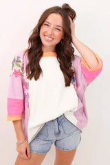 Sachet Pink Floral Patchwork Colorblock Loose Top