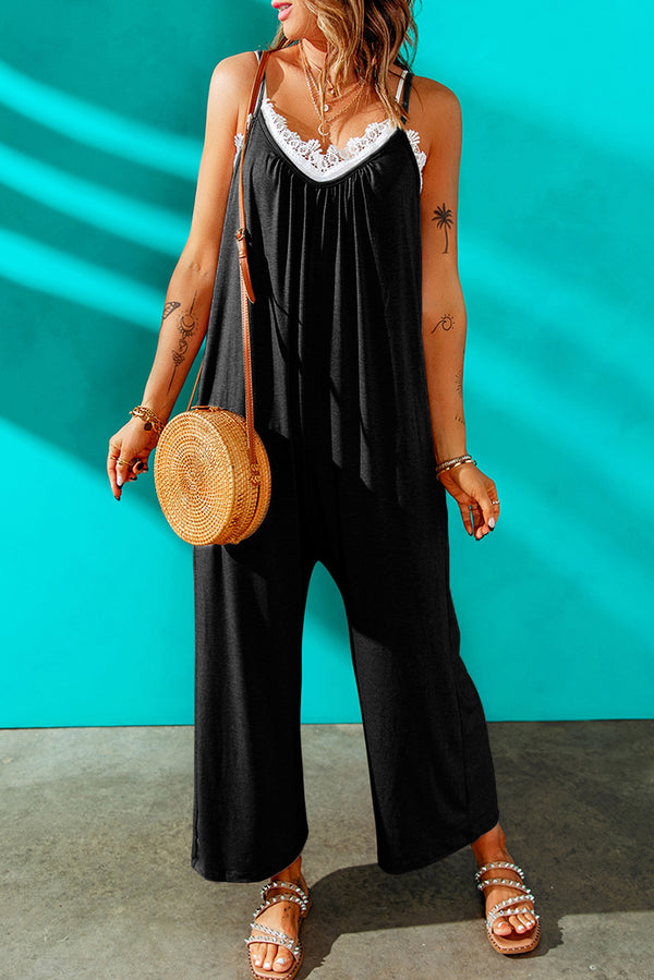 Black Casual Spaghetti Straps Wide Leg Pocketed Jumpsuits