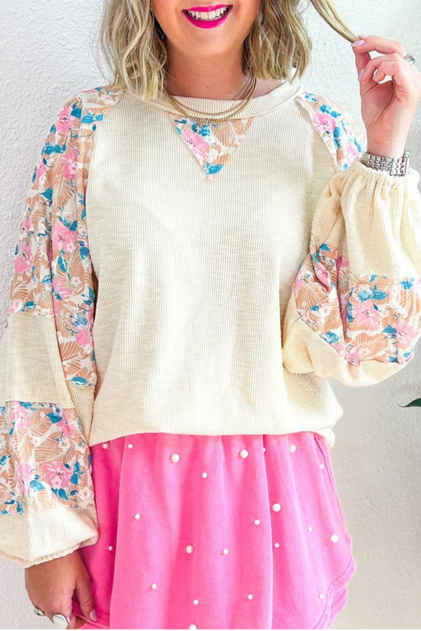 Apricot Ribbed Floral Patchwork Balloon Sleeve Top