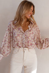 Pink Ditsy Floral Print Bishop Sleeve Collared V Neck Shirt