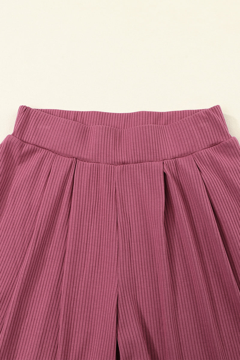 Pink Plain Ribbed Crop Top & Wide Leg Pants Two Piece Pants Set