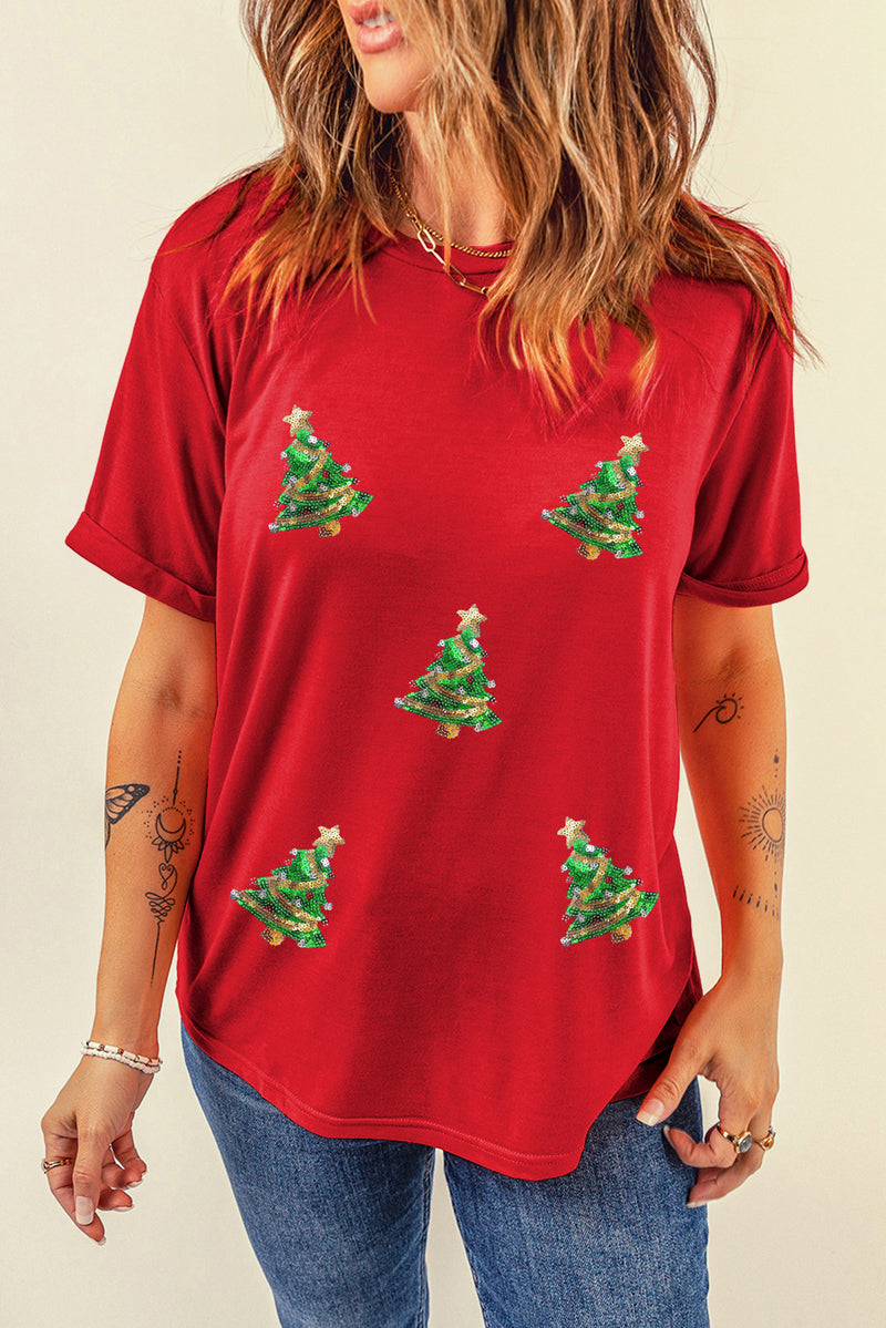 Red Sequin Christmas Tree Graphic Crewneck T Shirt