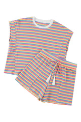 Pink Stripe Crew Neck Tee & Tassel Drawstring Shorts Set