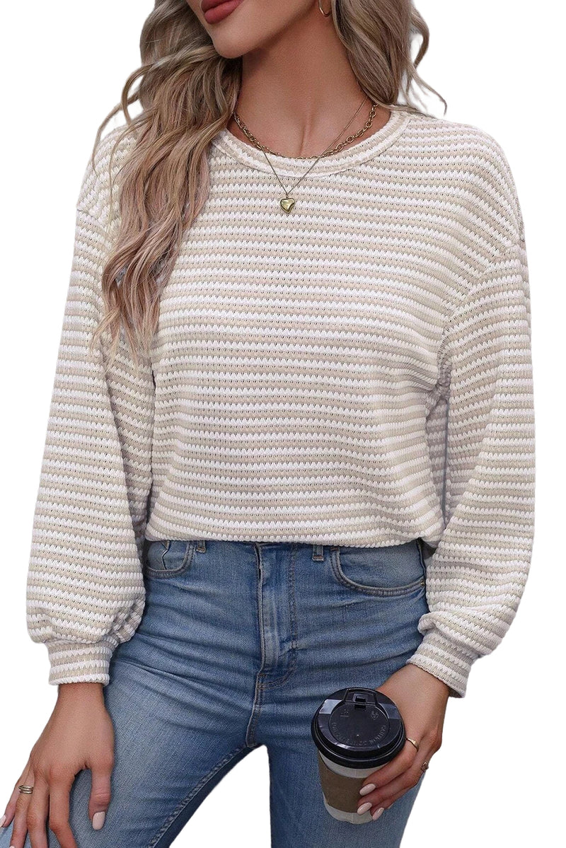 Black Striped Round Neck Drop Shoulder Long Sleeve Top