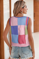 Multicolour Color Blocking Three-Dimensional Flower Knitted Vest