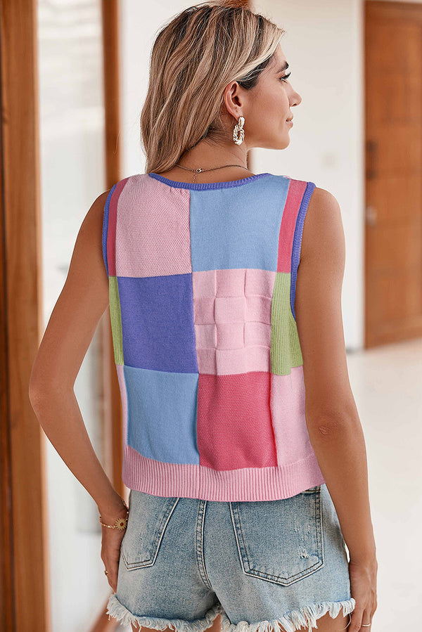 Multicolour Color Blocking Three-Dimensional Flower Knitted Vest