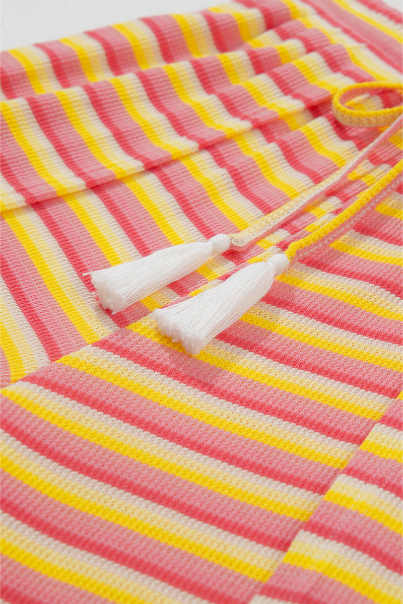 Yellow Stripe Rainbow Tee and Tassel Drawstring Wide Leg Pants Set