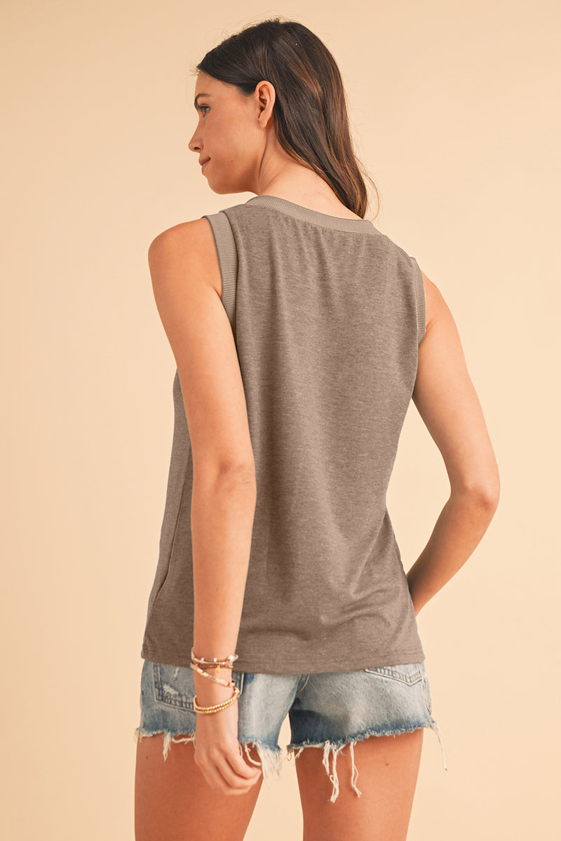 Simply Taupe Contrast Trim V-Neck Loose Fit Tank Top