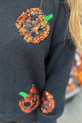 Black Halloween Sequin Pumpkin Pattern Plus Size Sweater