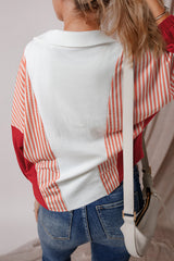 White Striped Color Block Collared V Neck Oversized Sweatshirt