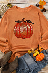 Orange Crinkle Ribbed Halloween Sequin Pumpkin Graphic Sweatshirt