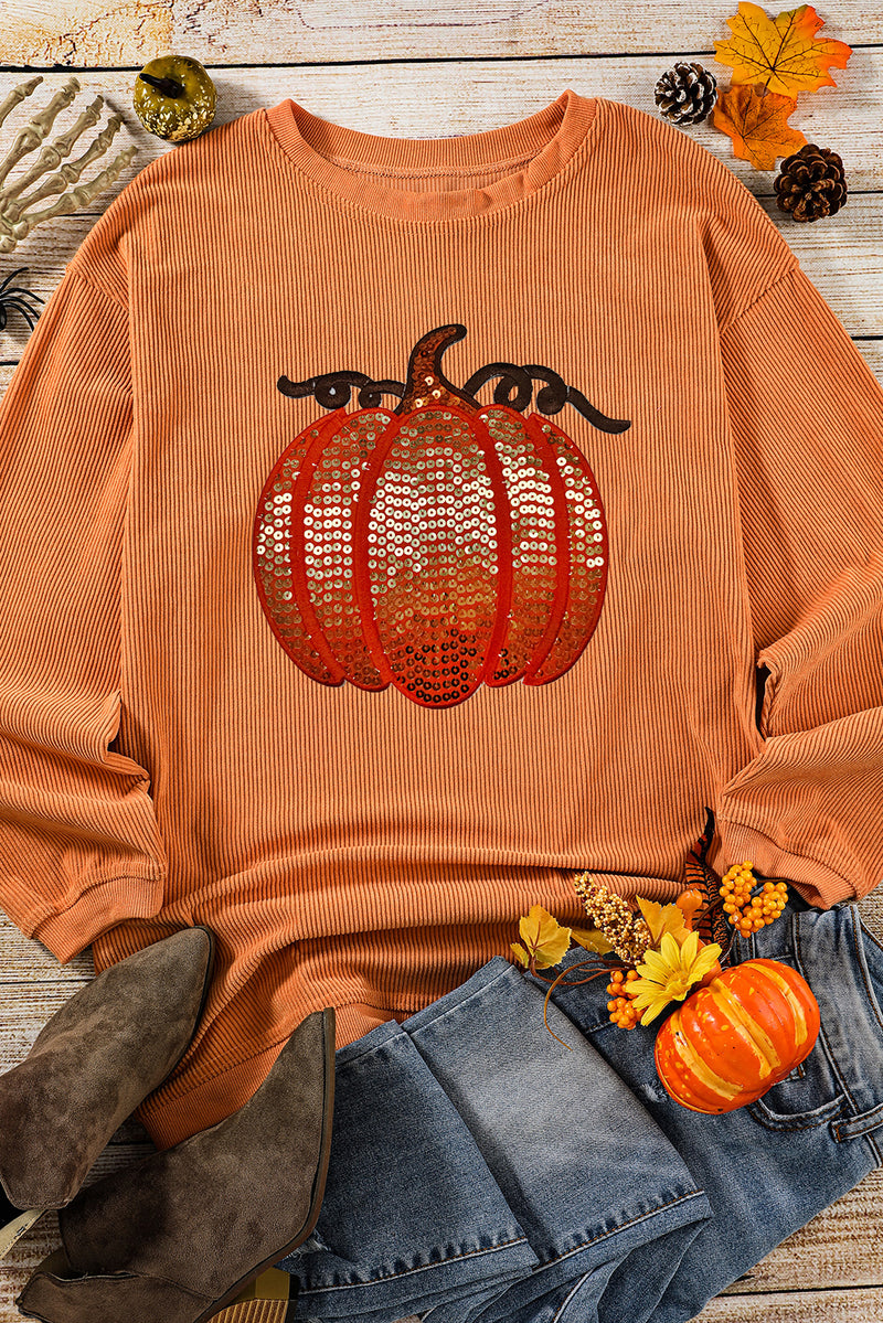 Orange Crinkle Ribbed Halloween Sequin Pumpkin Graphic Sweatshirt