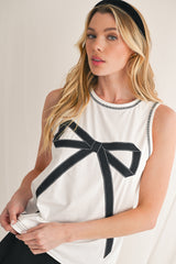 White Sweet Bow Stitching Trim Sleeveless Top