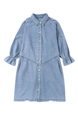 Light Blue Casual Buttoned Ruffle Denim Short Dress