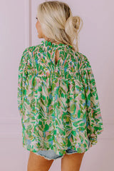 Green Abstract Print Puff Sleeve Frill Neck Shirred Blouse