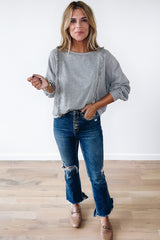 Light Grey Waffle Patchwork Long Sleeve Pullover Top