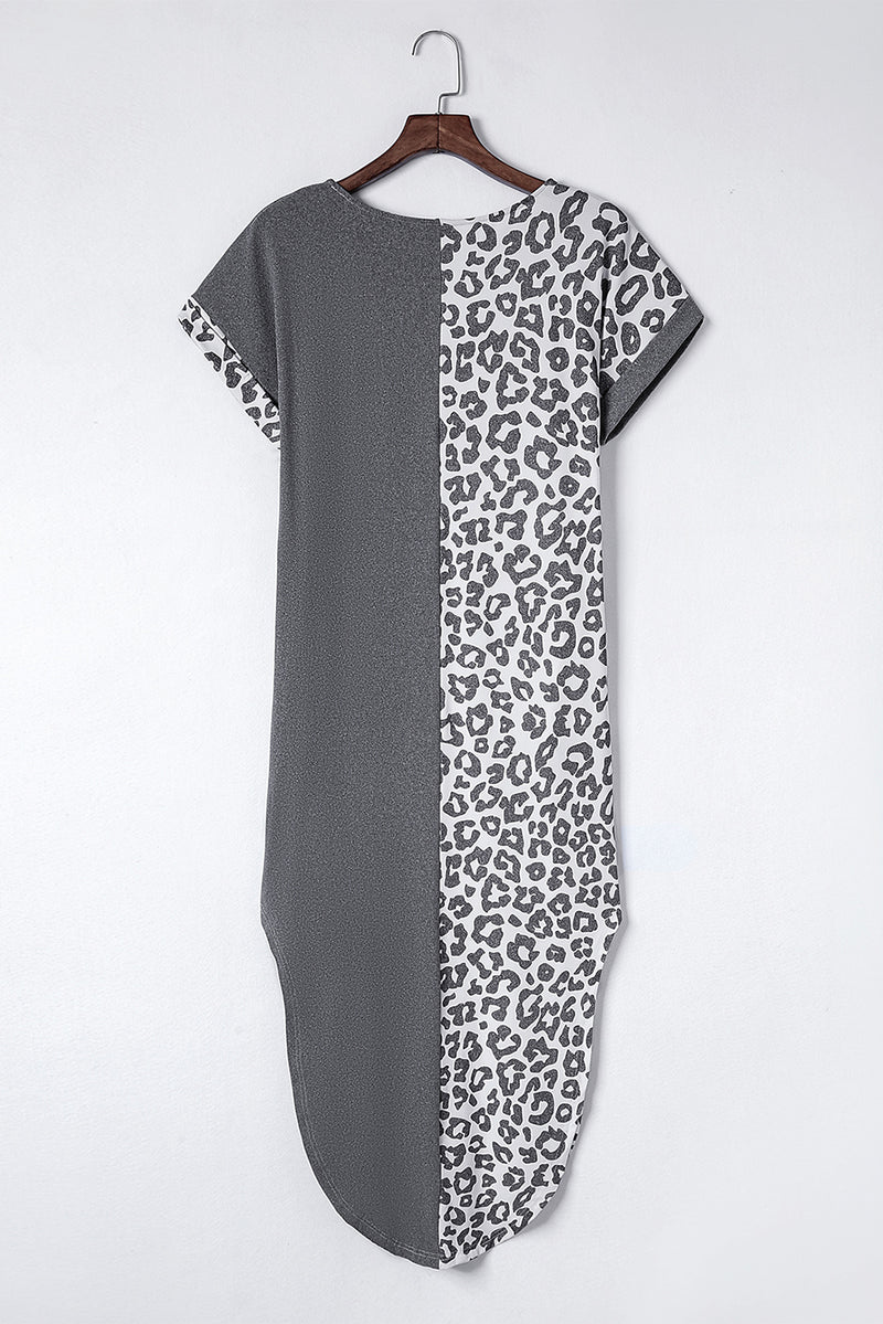 Rose Leopard Patchwork Pocket Casual T-Shirt Dress With Slits