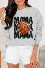 Gray Sequins MAMA Basketball Graphic Pullover Sweatshirt