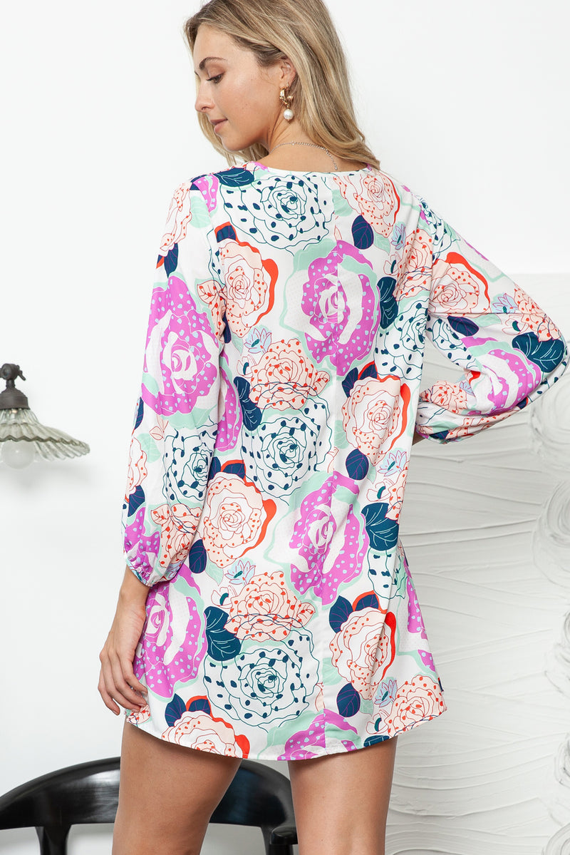 Multicolor Floral Print V Neck Bohemian Tunic Dress