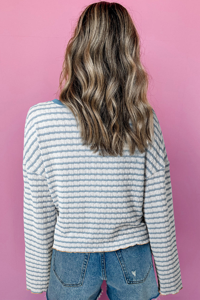 Sky Blue Stripe Textured Long Sleeve Henley Top