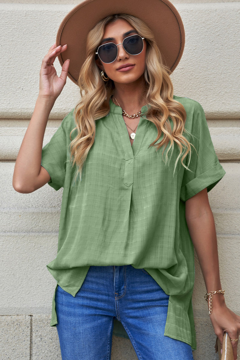 Green Plaid Print Loose V Neck Short Sleeve Slits Blouse