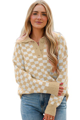 Pink Checkered Buttons Collar V Neck Drop Shoulder Sweater