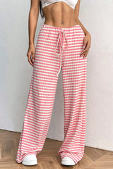 Pink Stripe Colorblock Print Cotton Drawstring Pants