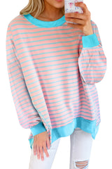 Sky Blue Stripe Contrast Trim High Low Tunic Sweatshirt