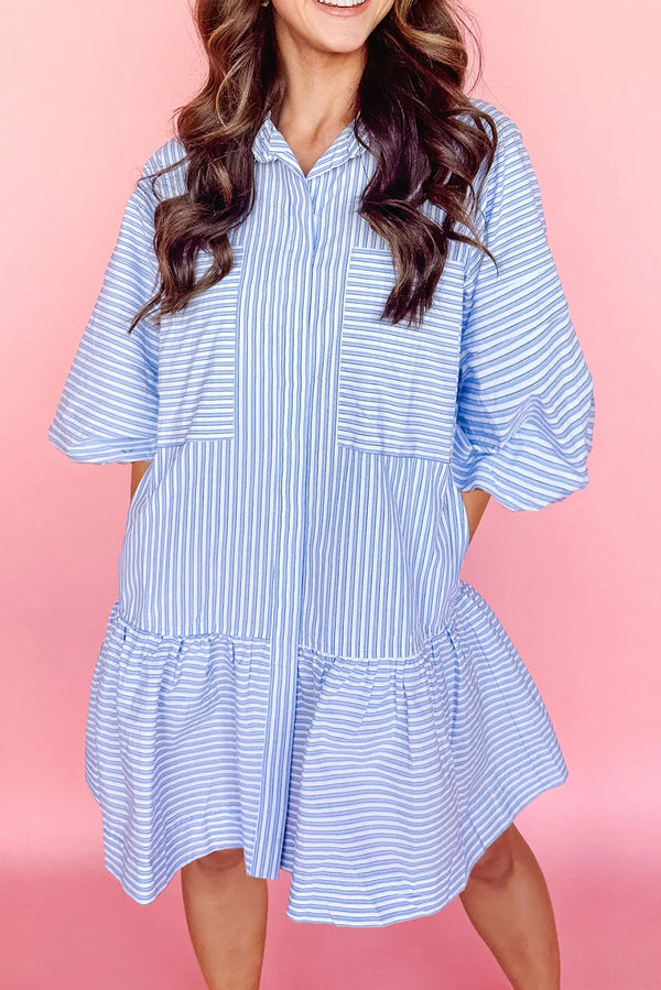 Sky Blue Striped Pocket Ruffle Hem Mini Dress