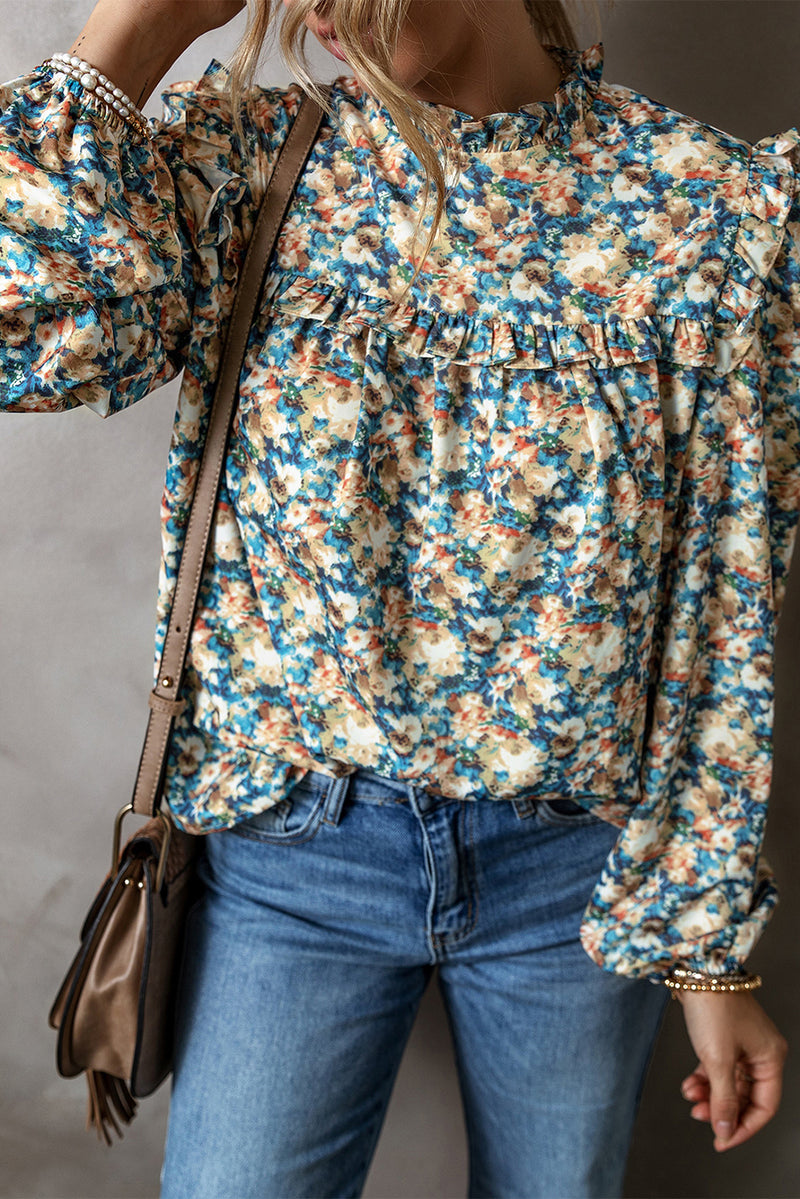 Sky Blue Floral Print Frill Neck Puff Sleeve Blouse