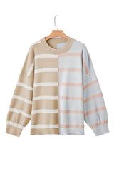 Khaki Stripe Exposed Seam Patchwork Loose Sweatshirts