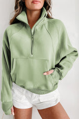 Flamingo Zip Up Stand Collar Ribbed Thumbhole Sleeve Sweatshirt